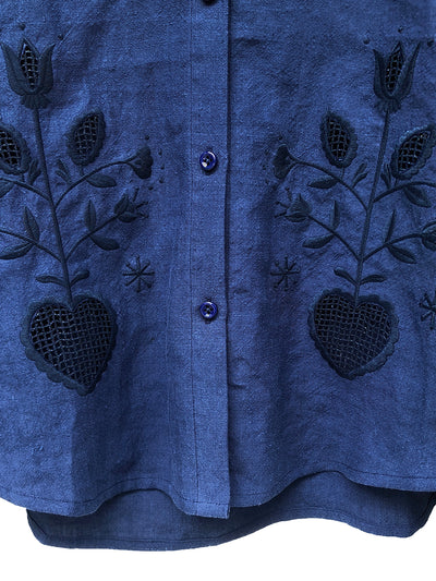 Unlogical Poem Victorian style Floral Embroidered Pleated Blue Hemp Shirt