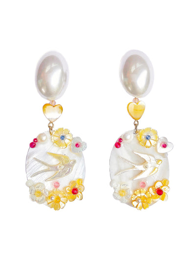 Unlogical Poem Bird and Flower Natural freshwater pearls Handmade Ear-clips