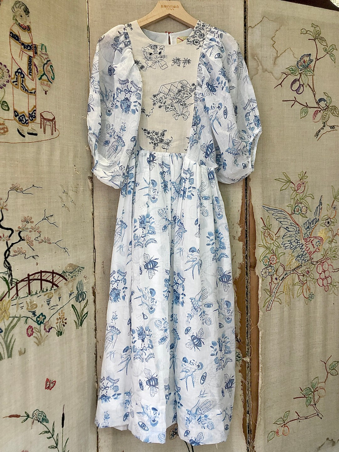 Unlogical Poem Puff Sleeve Ramie Dress with Hand-painted Embroidery
