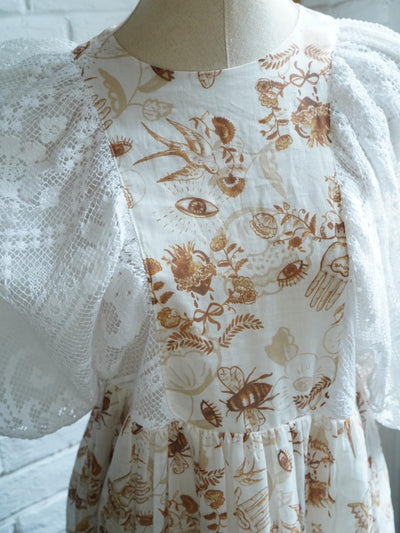 Unlogical Poem Puff Sleeve Ramie  Lace Dress