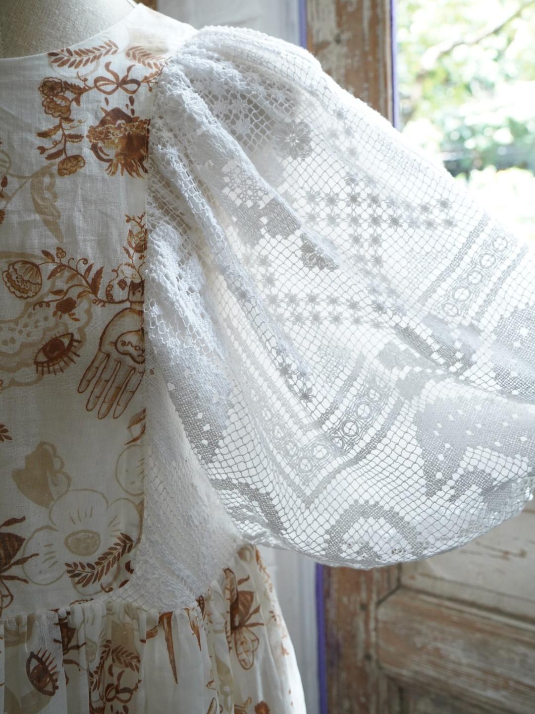 Unlogical Poem Puff Sleeve Ramie  Lace Dress