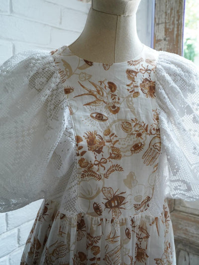 Unlogical Poem Puff Sleeve Ramie  Lace Dress