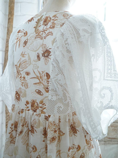 Unlogical Poem Puff Sleeve Ramie  Lace Dress