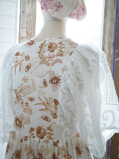 Unlogical Poem Puff Sleeve Ramie  Lace Dress