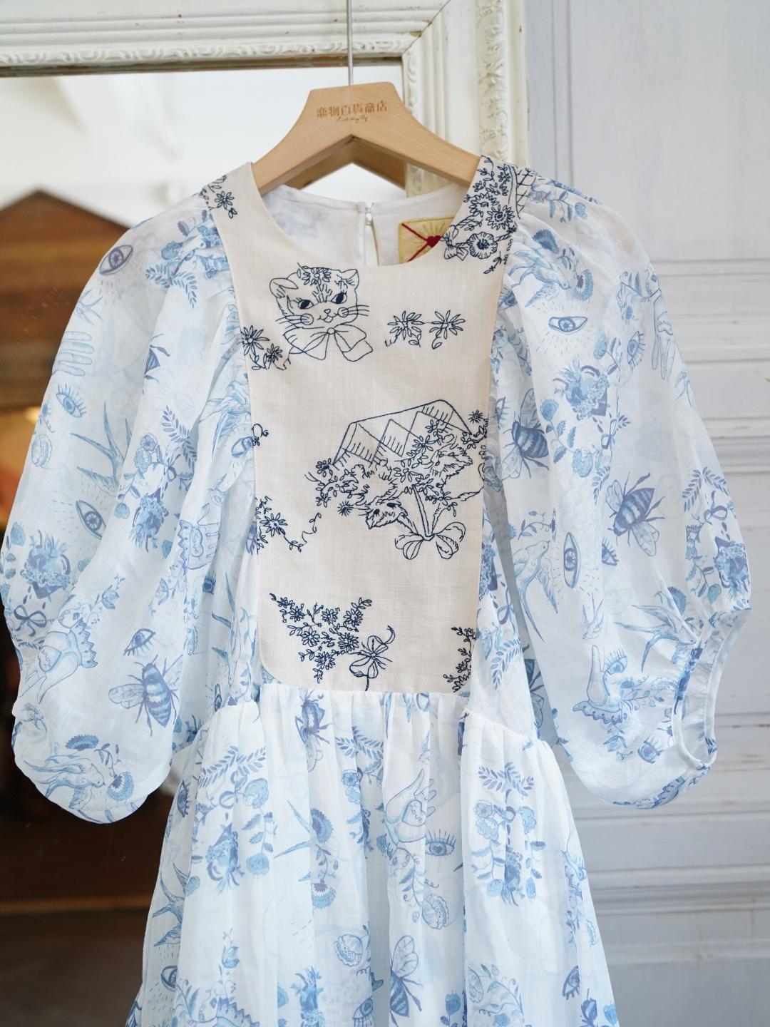 Unlogical Poem Puff Sleeve Ramie Dress with Hand-painted Embroidery