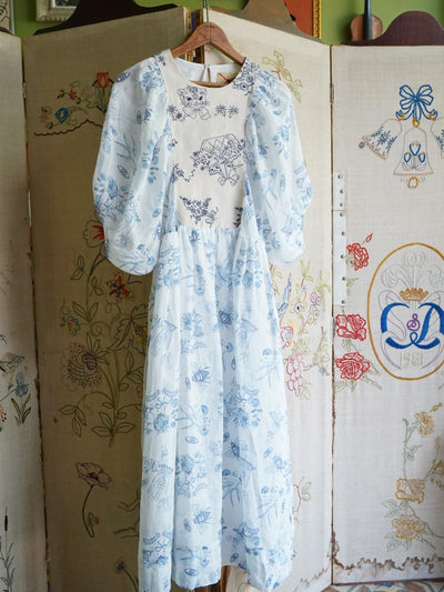 Unlogical Poem Puff Sleeve Ramie Dress with Hand-painted Embroidery