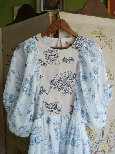 Unlogical Poem Puff Sleeve Ramie Dress with Hand-painted Embroidery