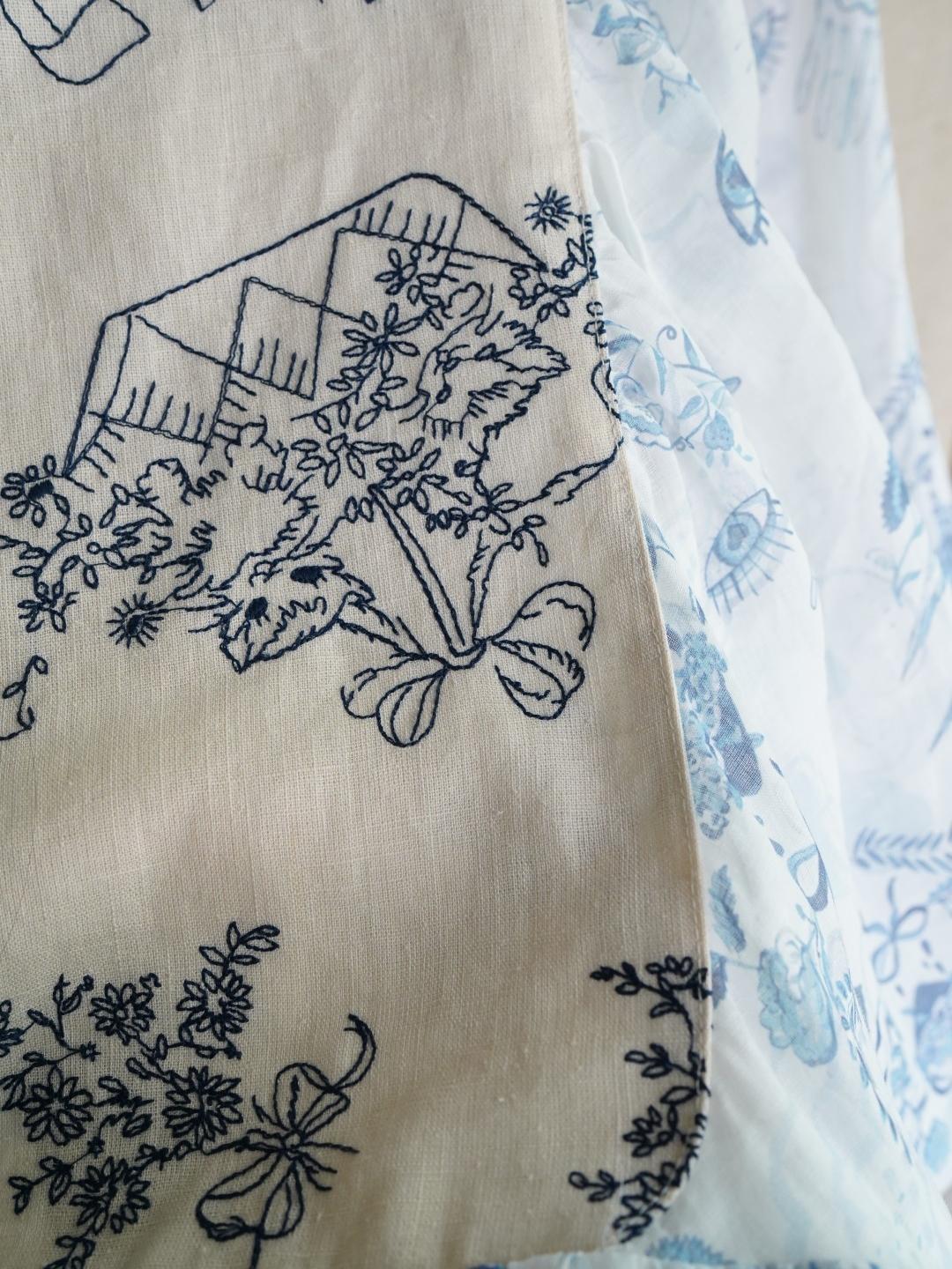 Unlogical Poem Puff Sleeve Ramie Dress with Hand-painted Embroidery
