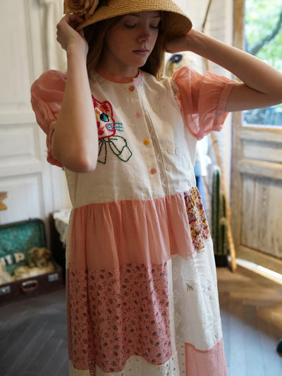 Unlogical Poem Cat Embroidery Lace Printed Patchwork Dress