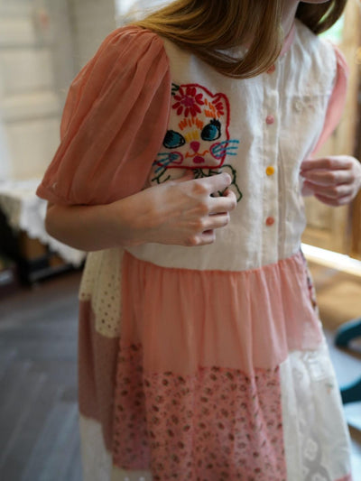 Unlogical Poem Cat Embroidery Lace Printed Patchwork Dress