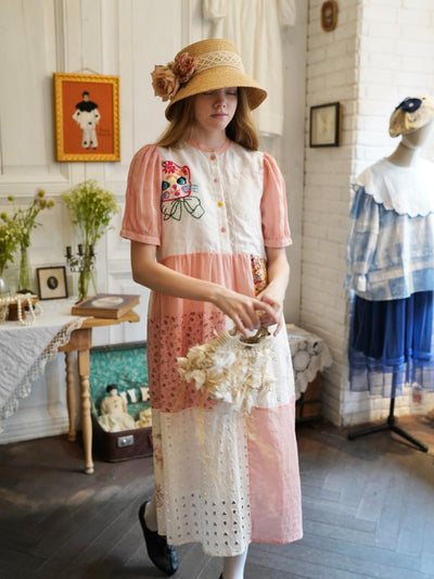 Unlogical Poem Cat Embroidery Lace Printed Patchwork Dress