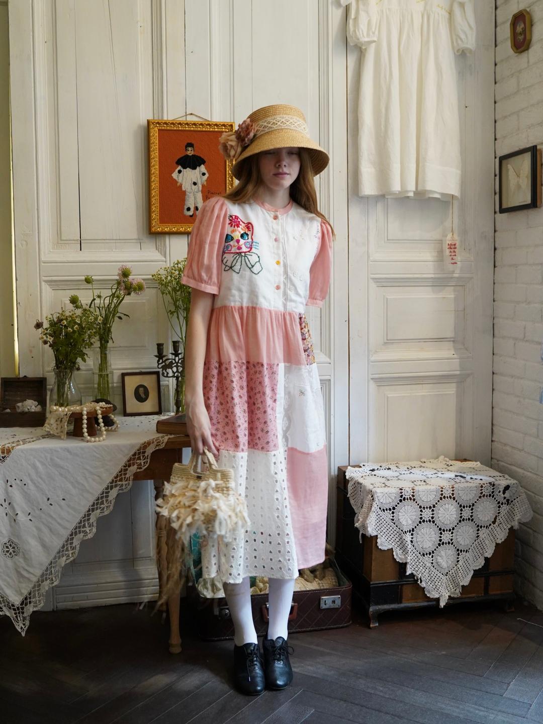 Unlogical Poem Cat Embroidery Lace Printed Patchwork Dress