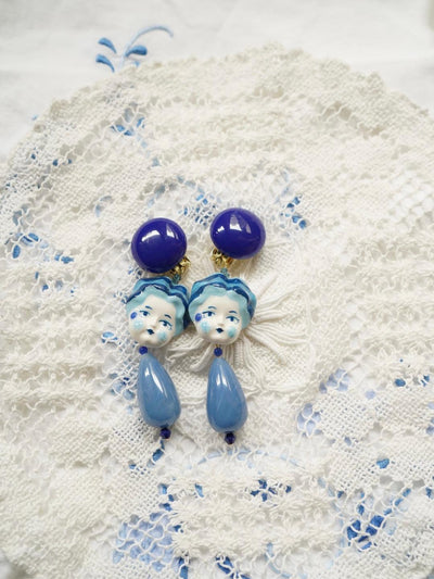 Unlogical Poem Blue Doll Handmade Ear Clips