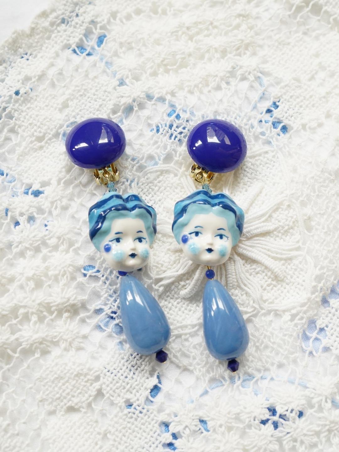 Unlogical Poem Blue Doll Handmade Ear Clips