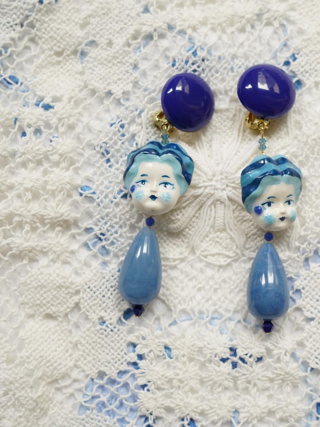Unlogical Poem Blue Doll Handmade Ear Clips