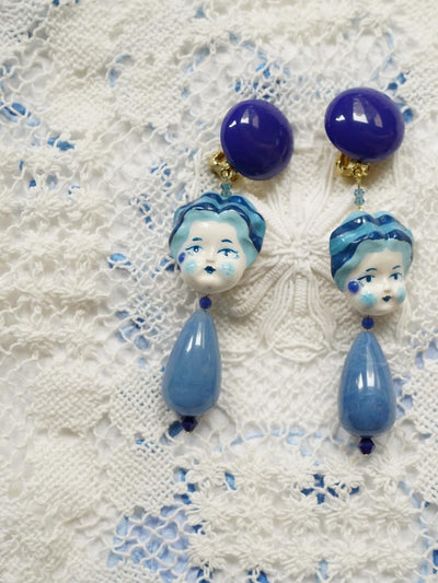 Unlogical Poem Blue Doll Handmade Ear Clips