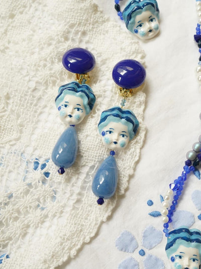 Unlogical Poem Blue Doll Handmade Ear Clips