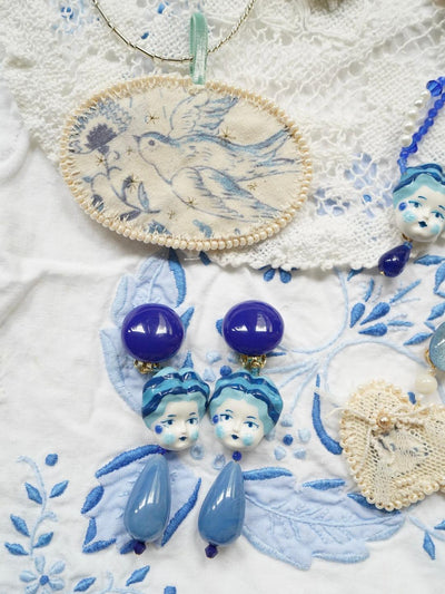 Unlogical Poem Blue Doll Handmade Ear Clips