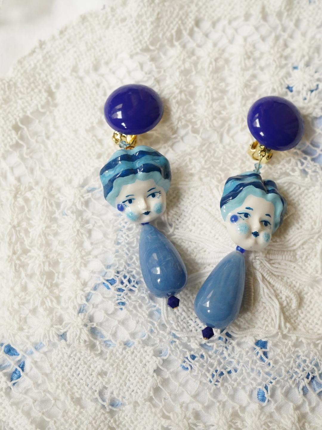 Unlogical Poem Blue Doll Handmade Ear Clips