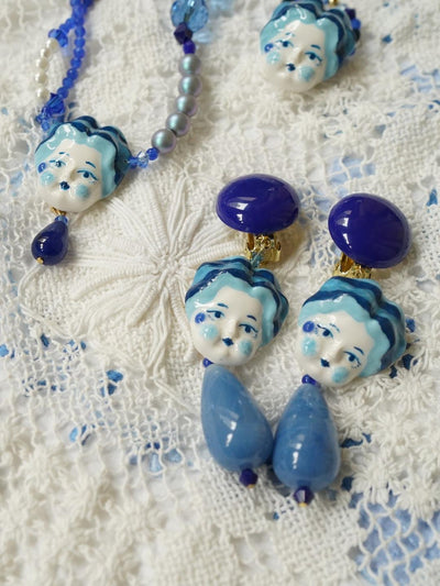 Unlogical Poem Blue Doll Handmade Ear Clips