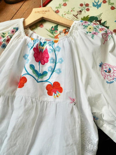 Unlogical Poem Antique Cotton Poetry-Embroidered Crochet Blouse