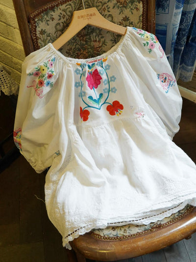 Unlogical Poem Antique Cotton Poetry-Embroidered Crochet Blouse