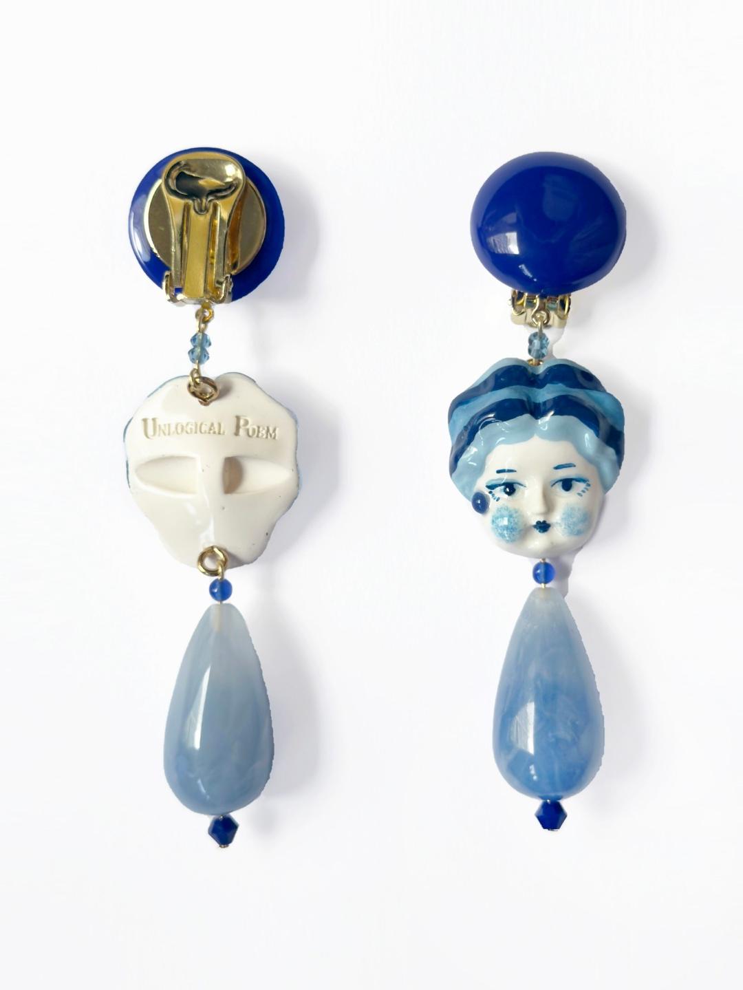 Unlogical Poem Blue Doll Handmade Ear Clips