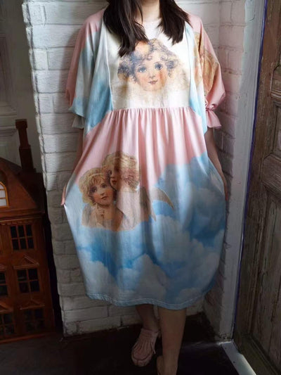 Unlogical Poem Illustration Pinocchio Comic Angel Printed Patchwork Dress