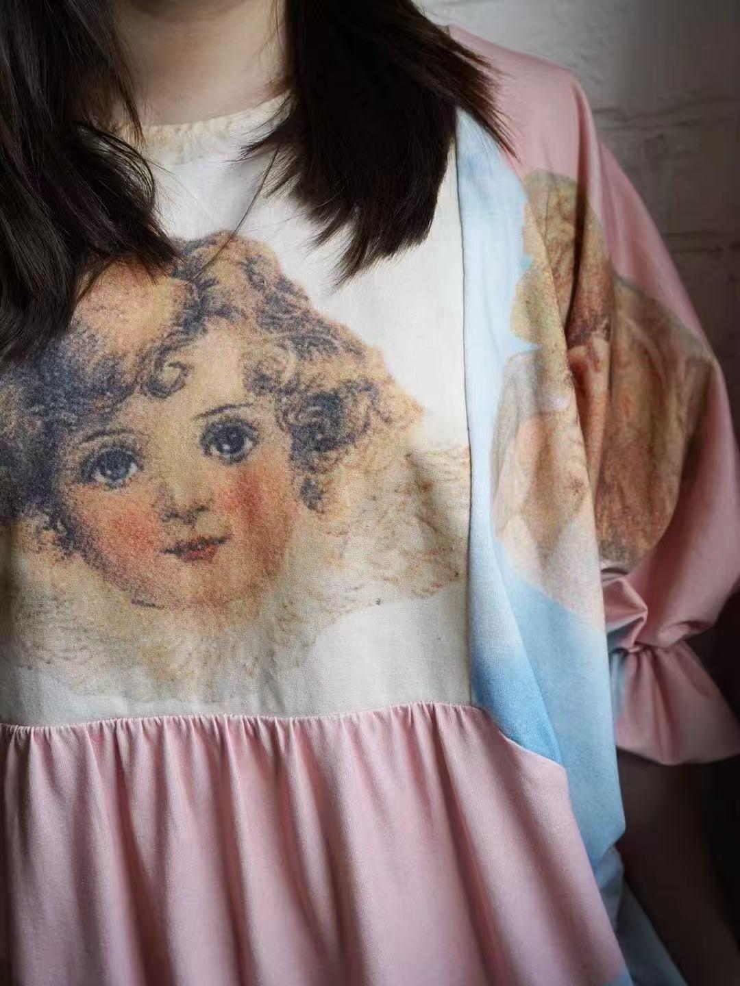 Unlogical Poem Illustration Pinocchio Comic Angel Printed Patchwork Dress