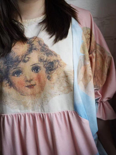 Unlogical Poem Illustration Pinocchio Comic Angel Printed Patchwork Dress