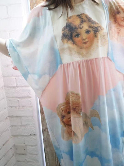 Unlogical Poem Illustration Pinocchio Comic Angel Printed Patchwork Dress