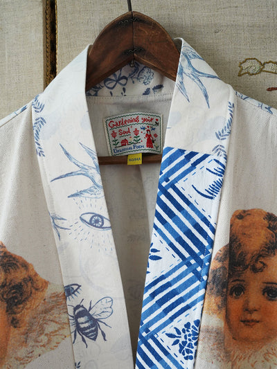 Unlogical Poem One-of-a-kind Angels Illustration Print Patchwork Kimono