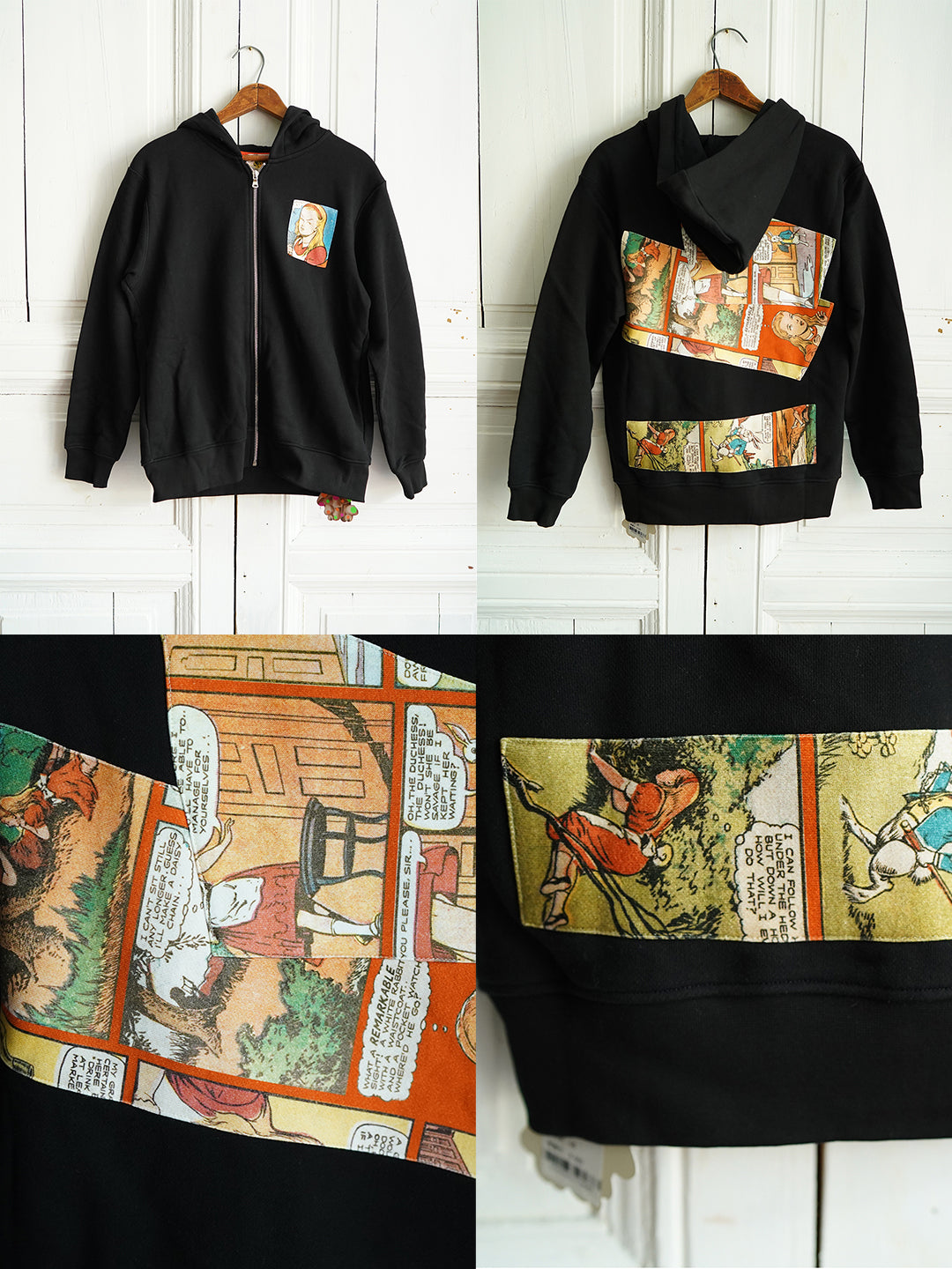 Unlogical Poem Alice in Wonderland Comic Print Collage Black Zip-up Hoodie