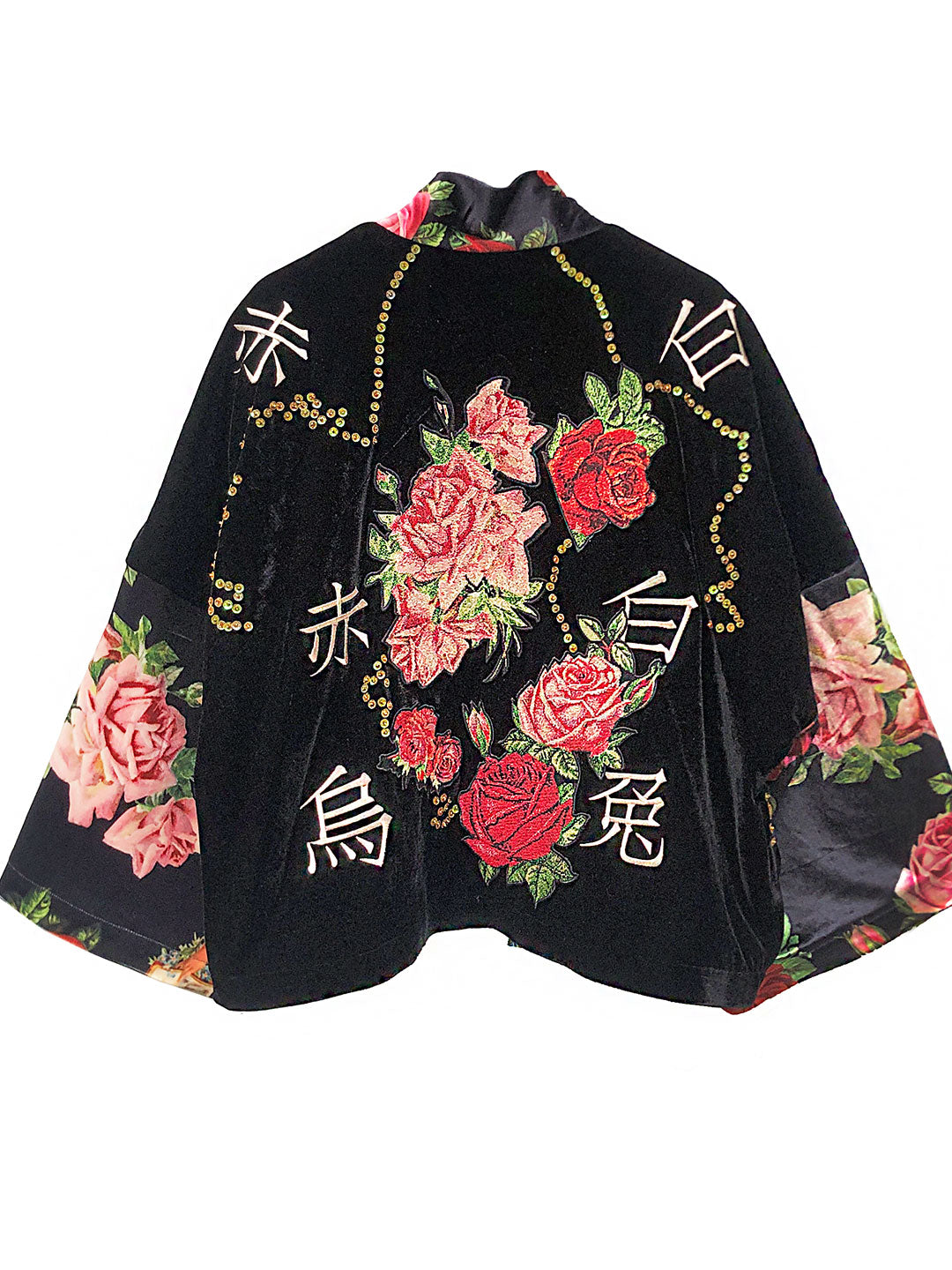 Unlogical Poem One-of-a-kind Rose Black Velevt Kimono
