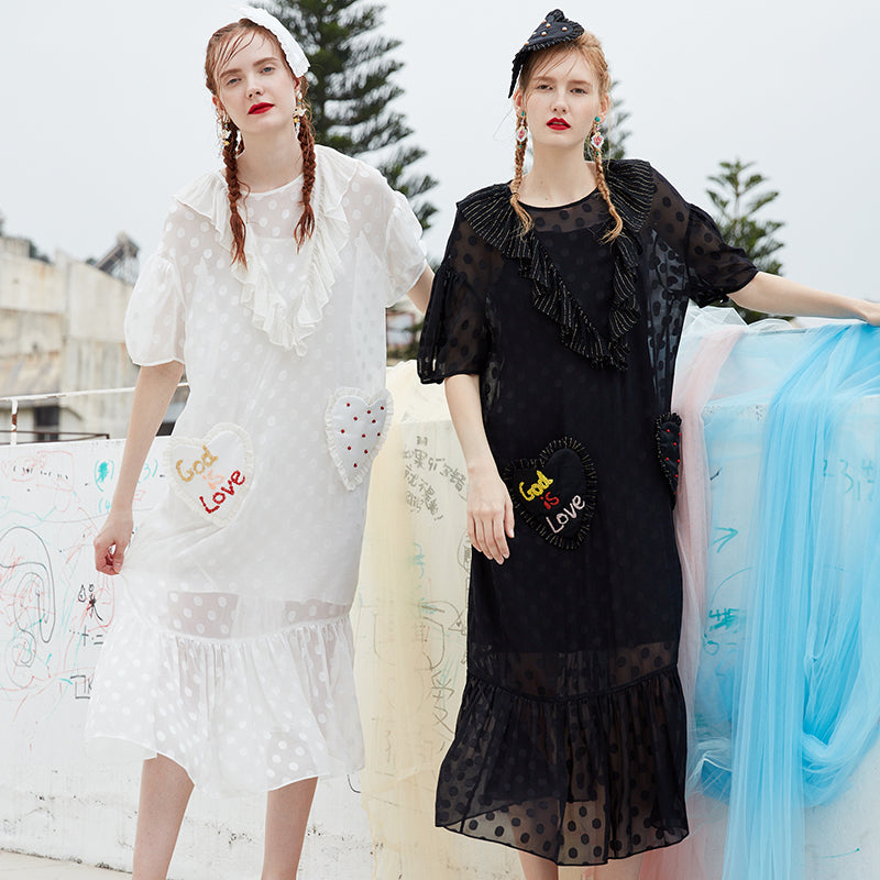 Unlogical Poem Illustration Embroidered Silk Jacquard Polka Dot White Dress