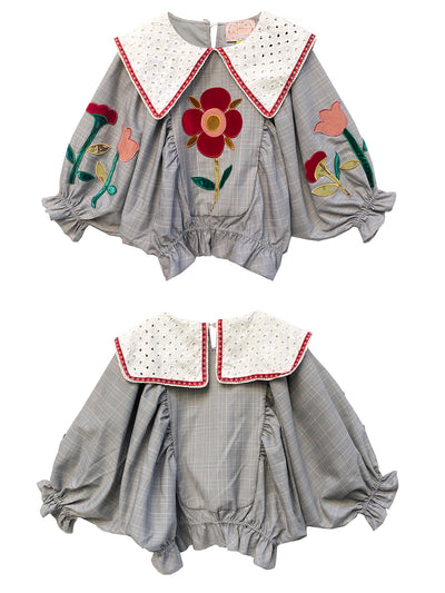 Unlogical Poem Doll Embroidered Patchwork Cape Sleeve Blouse