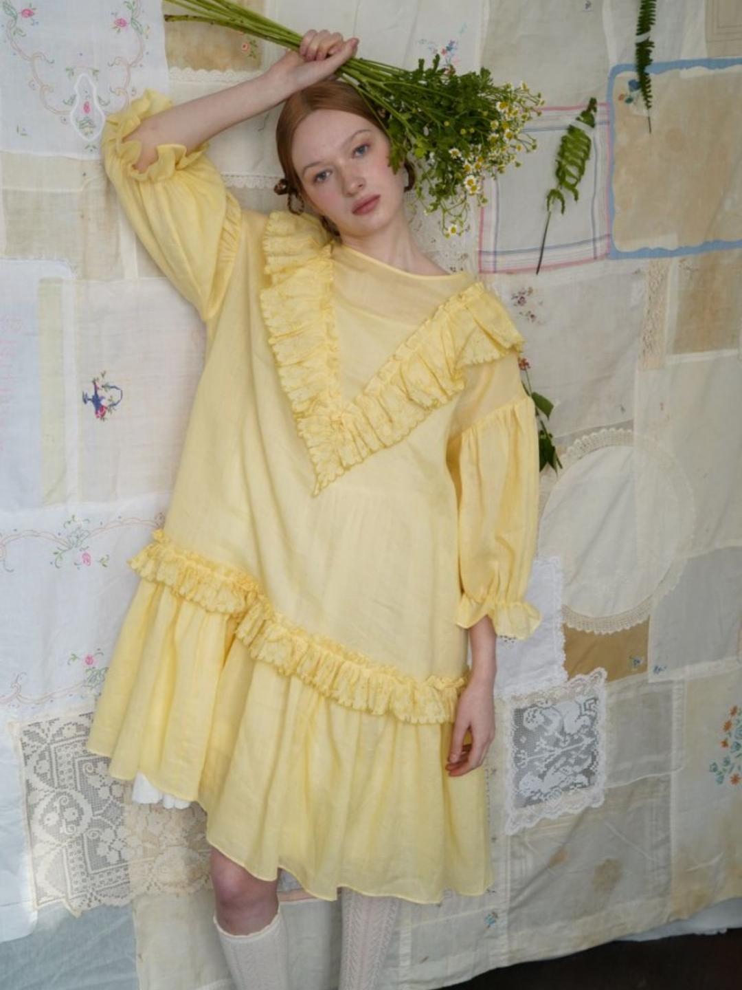 Unlogical Poem V-neck Ruffled Silhouette Embroidered Dress