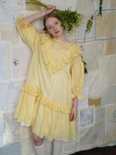 Unlogical Poem V-neck Ruffled Silhouette Embroidered Dress