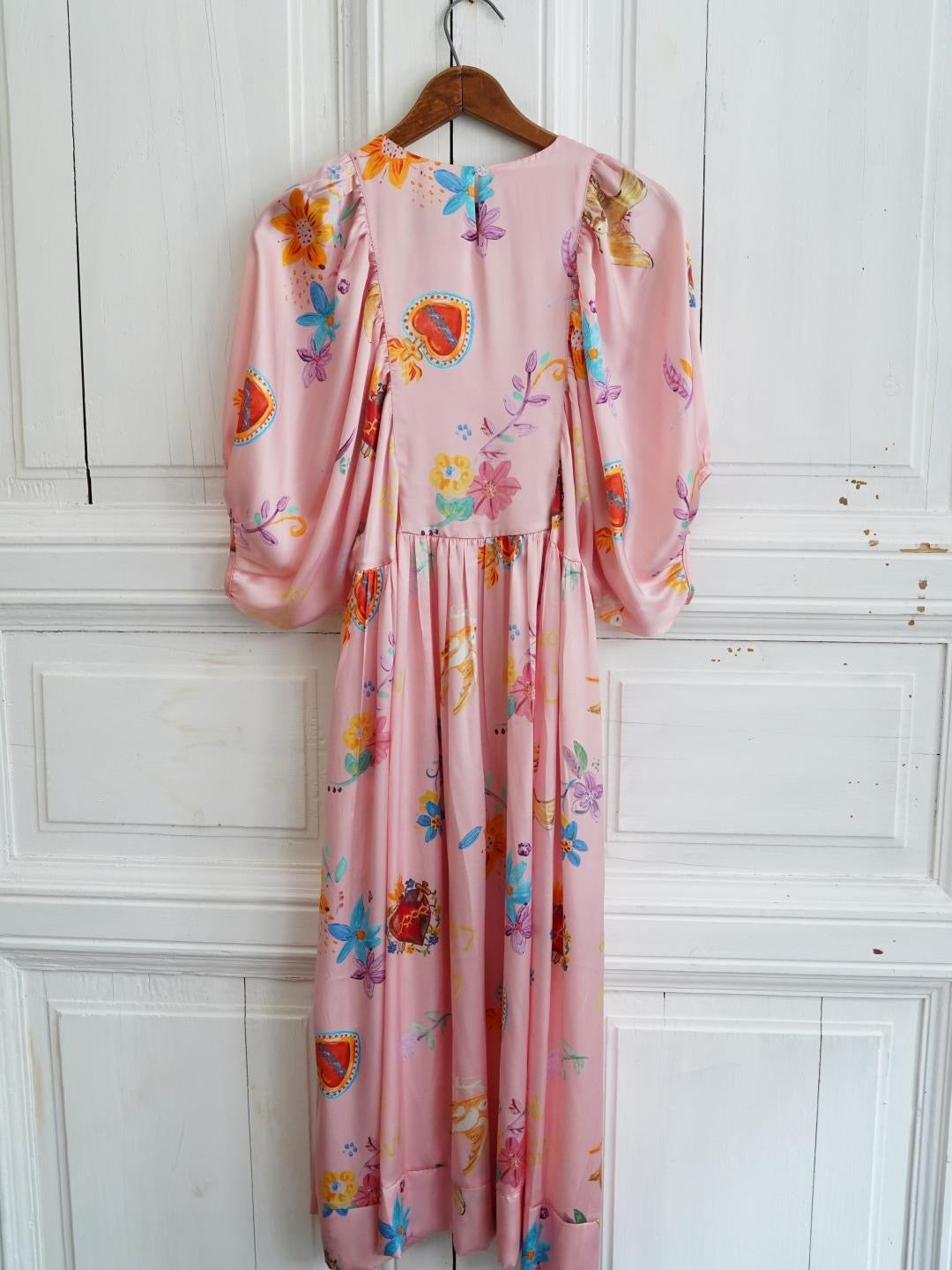 Unlogical Poem  Cat Appliqué and Hand-Painted Print Silk Dress