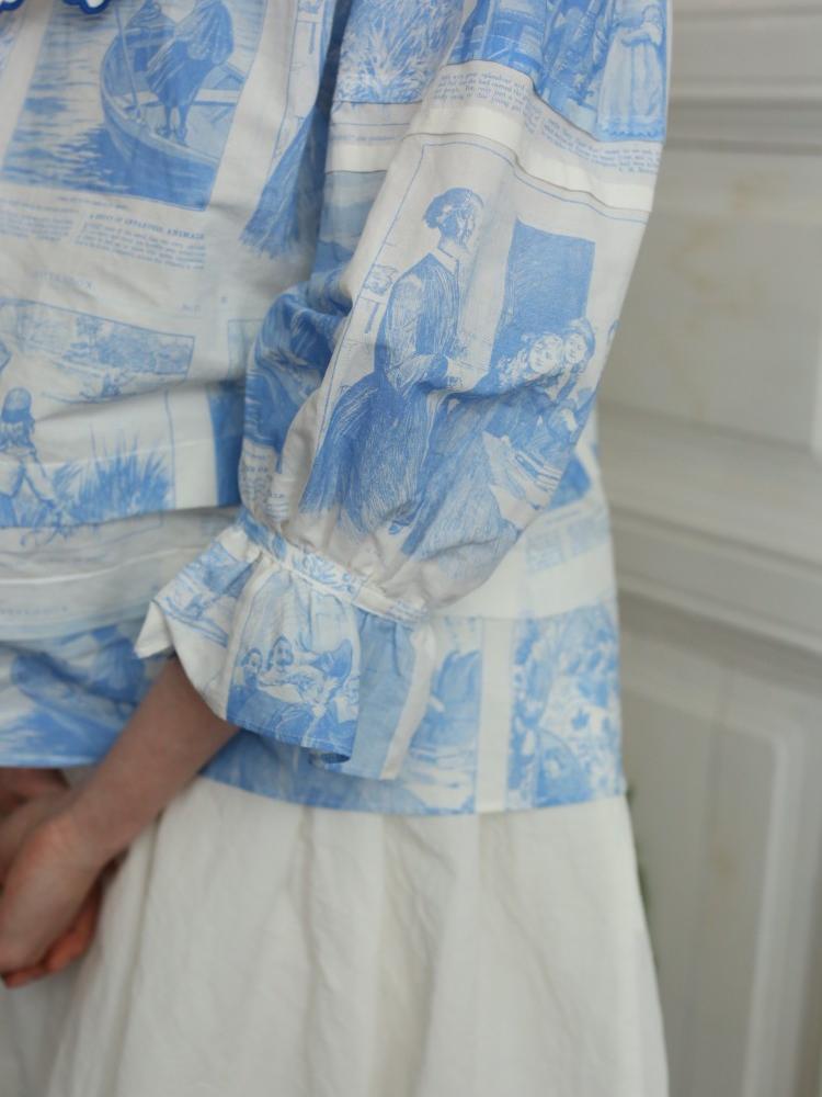 Unlogical Poem  Cape Collar Embroidery  Print and Puff Sleeves Blouse