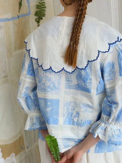 Unlogical Poem  Cape Collar Embroidery  Print and Puff Sleeves Blouse
