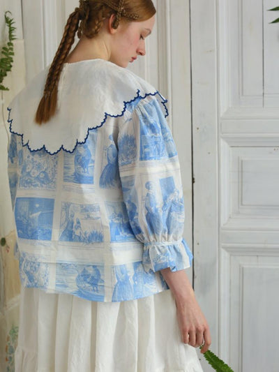 Unlogical Poem  Cape Collar Embroidery  Print and Puff Sleeves Blouse