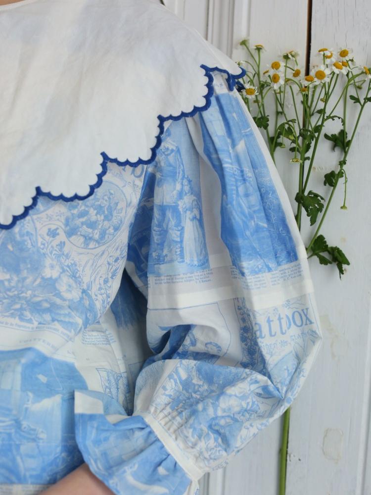 Unlogical Poem  Cape Collar Embroidery  Print and Puff Sleeves Blouse