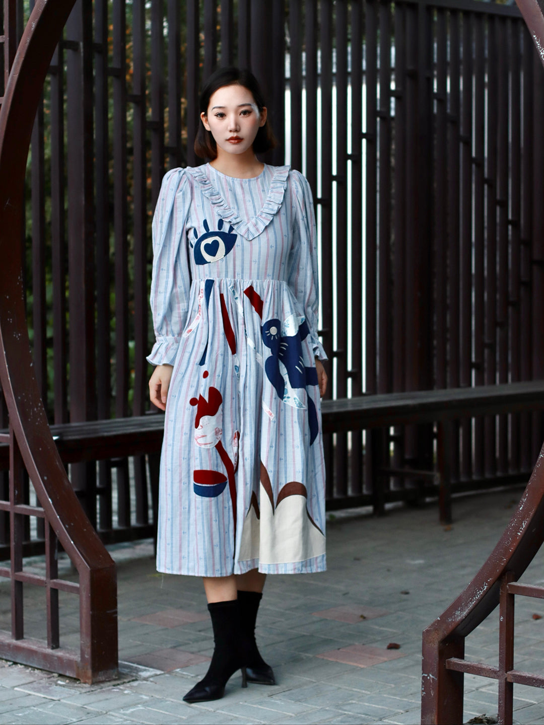 Unlogical Poem Illustration Embroidered Patchwork Dress