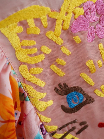 Unlogical Poem  Cat Appliqué and Hand-Painted Print Silk Dress