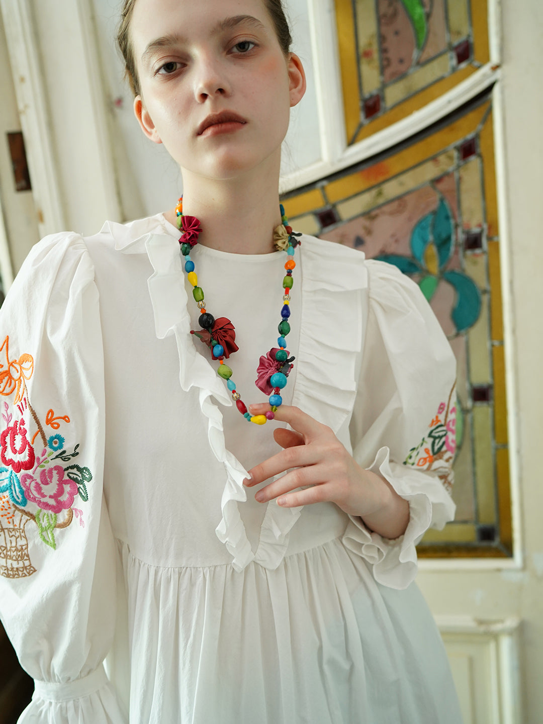 Unlogical Poem Puff Sleeve Embroidered Dress