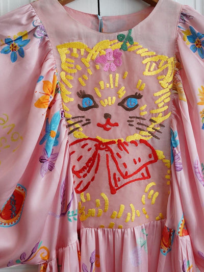 Unlogical Poem  Cat Appliqué and Hand-Painted Print Silk Dress