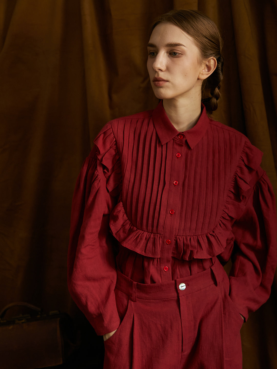 Unlogical Poem Victorian style Pleated Yellow/Red Ramie Shirt