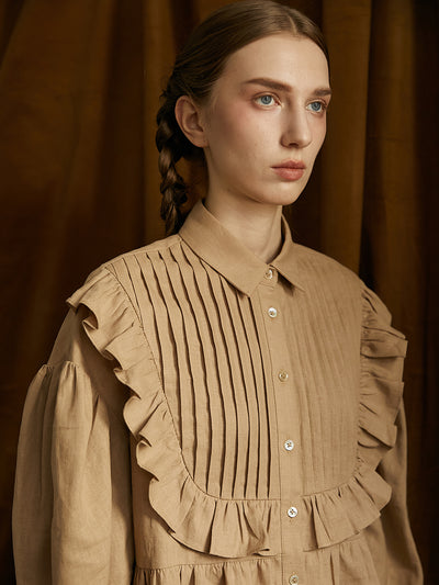 Unlogical Poem Victorian style Pleated Yellow/Red Ramie Shirt