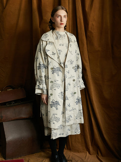 Unlogical Poem Blue Illustration Embroidery Ramie Trench coat